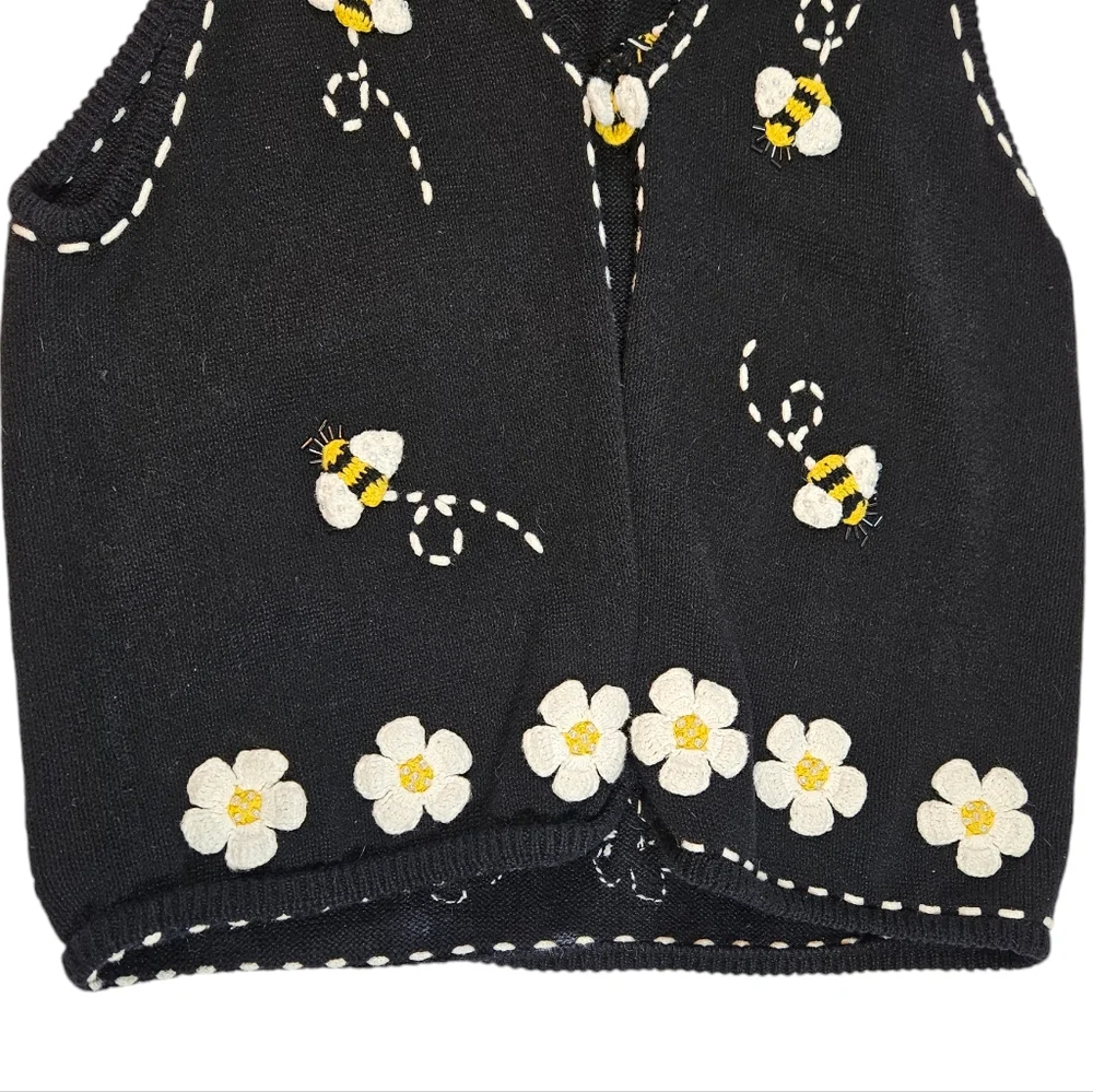 Vintage 90s Bumblebee Daisy Knit Vest Sz XL ? 3D Beaded Boho Grannycore Cottage - Picture 12 of 16